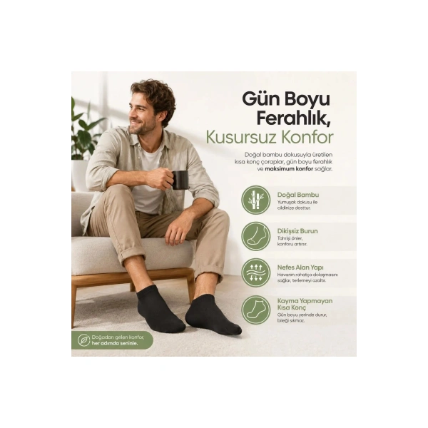 Erkek Kısa Konç 12’li Bambu Çorap 39-44 Dikişsiz Burun Nefes Alan Yumuşak Günlük Patik Çorap