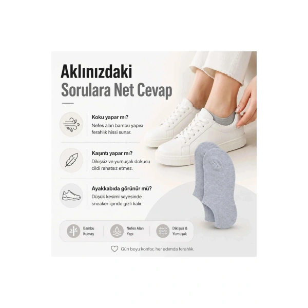 Kadın Bambu 6’lı Dikişsiz Babet Çorap Siyah Beyaz Gri Görünmez Sneaker Çorap Nefes Alan Yumuşak