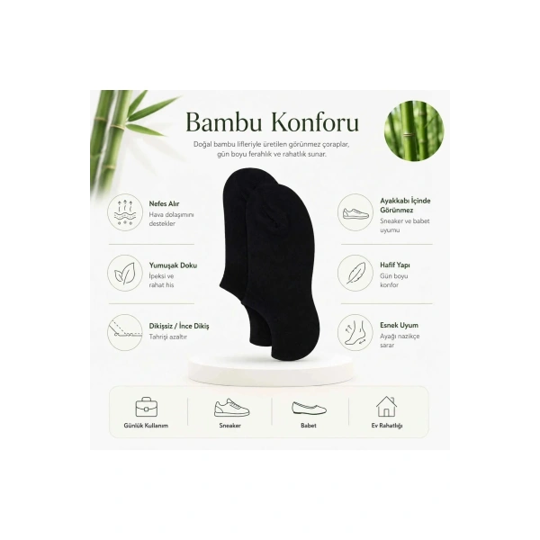 Kadın Bambu 6’lı Dikişsiz Babet Çorap Siyah Beyaz Gri Görünmez Sneaker Çorap Nefes Alan Yumuşak