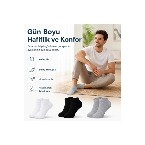 Erkek Bambu Patik Çorap 12li | Nefes Alan Nem Emici Yumuşak, Siyah Beyaz Gri Günlük Spor
