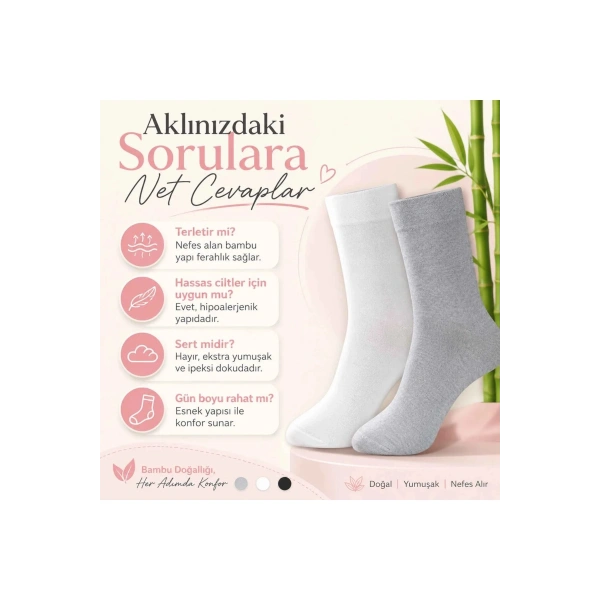 Kadın Bambu Uzun Çorap 12’li Paket, Dikişsiz Burunlu Yumuşak Dokulu Siyah Beyaz Gri