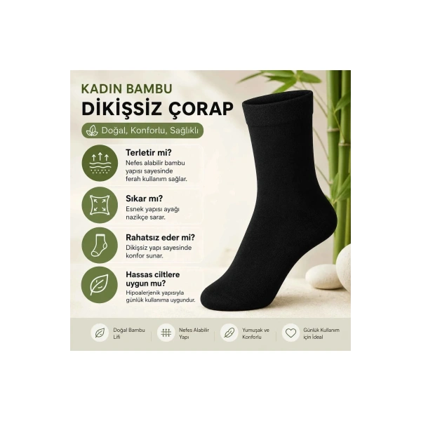 Kadın Bambu Uzun Çorap 12’li Paket, Dikişsiz Burunlu Yumuşak Dokulu Siyah Beyaz Gri
