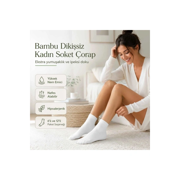 Kadın Bambu Uzun Çorap 12’li Paket, Dikişsiz Burunlu Yumuşak Dokulu Siyah Beyaz Gri