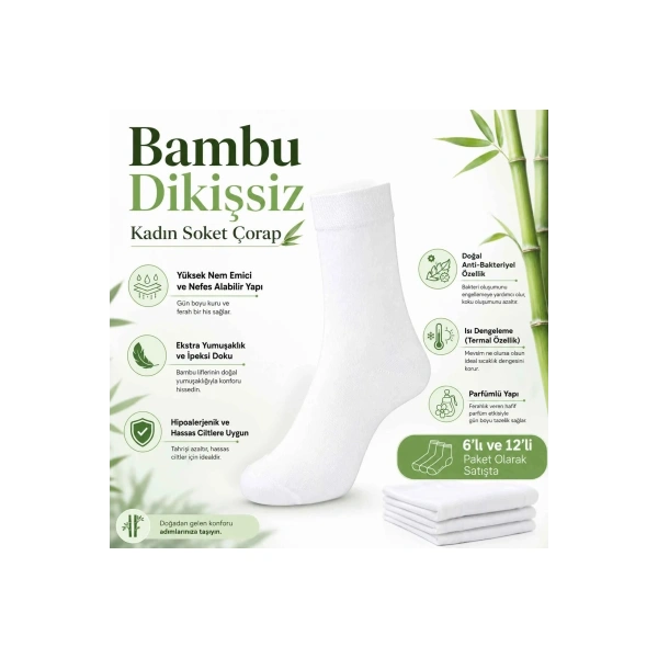 Kadın Bambu Uzun Çorap 12’li Paket, Dikişsiz Burunlu Yumuşak Dokulu Siyah Beyaz Gri