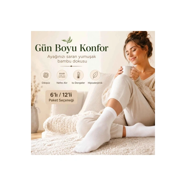 Kadın Bambu Uzun Çorap 12’li Paket, Dikişsiz Burunlu Yumuşak Dokulu Siyah Beyaz Gri