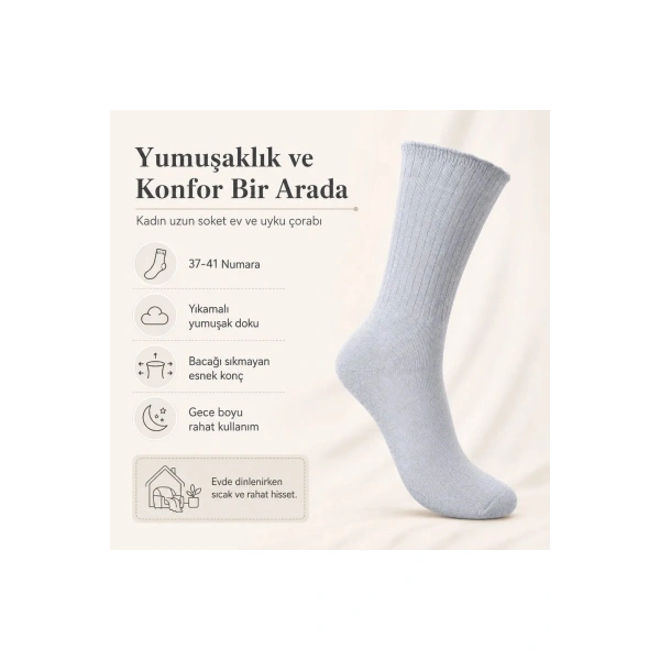 Kadın 3lü Uyku Çorabı 37-41 | Yumuşak Fitilli Sıkmayan Esnek Uzun Soket Ev Çorabı Gri Bej