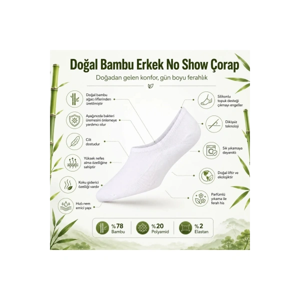 Erkek Bambu 6’lı Babet Çorap Görünmez No Show Dikişsiz Silikon Topuklu