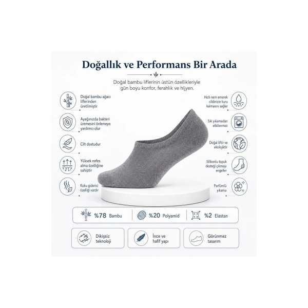 Erkek Bambu 6’lı Babet Çorap Görünmez No Show Dikişsiz Silikon Topuklu