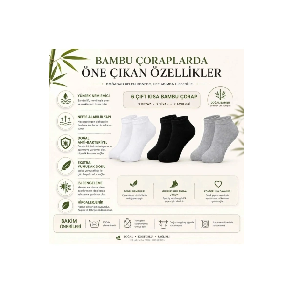 Kadın Bambu Patik Çorap 6lı | Nefes Alan Nem Emici Yumuşak, Siyah Beyaz Gri