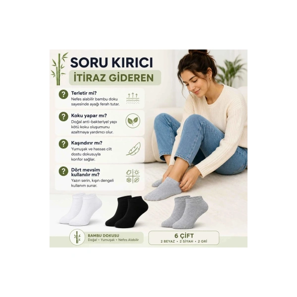 Kadın Bambu Patik Çorap 6lı | Nefes Alan Nem Emici Yumuşak, Siyah Beyaz Gri