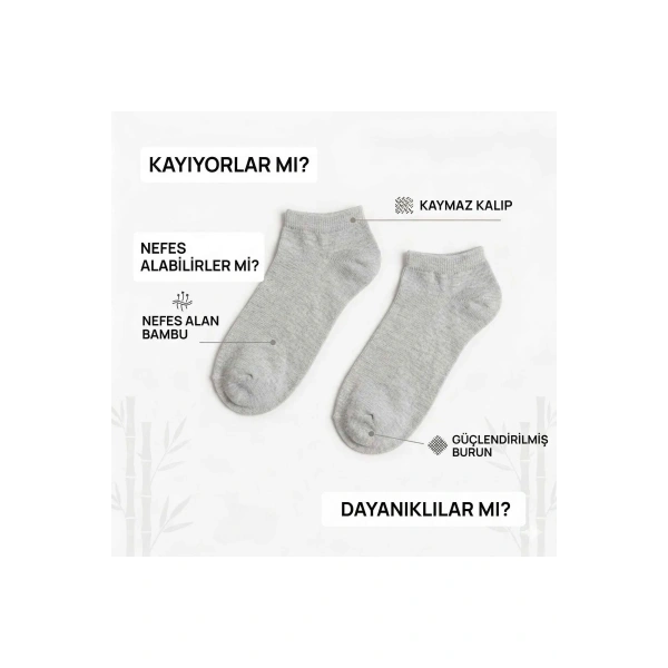 Kadın Bambu Patik Çorap 6lı | Nefes Alan Nem Emici Yumuşak, Siyah Beyaz Gri