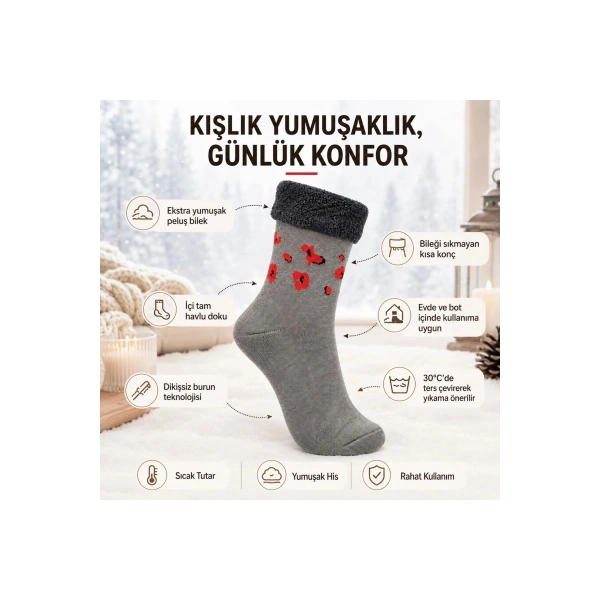 12’li Kadın Kışlık Havlu Çorap Sıcak Tutan Karışık Desenli Ekonomik Çoklu Çorap Seti