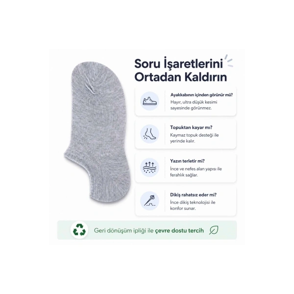 Erkek Geri Dönüşüm İplikli 12’li Görünmez Sneaker Çorap, İnce Dikişli, Nefes Alan Yazlık Babet Çorab