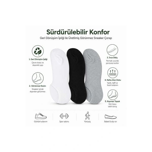 Erkek Geri Dönüşüm İplikli 12’li Görünmez Sneaker Çorap, İnce Dikişli, Nefes Alan Yazlık Babet Çorab