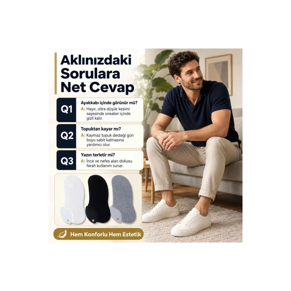 Erkek Geri Dönüşüm İplikli 12’li Görünmez Sneaker Çorap, İnce Dikişli, Nefes Alan Yazlık Babet Çorab