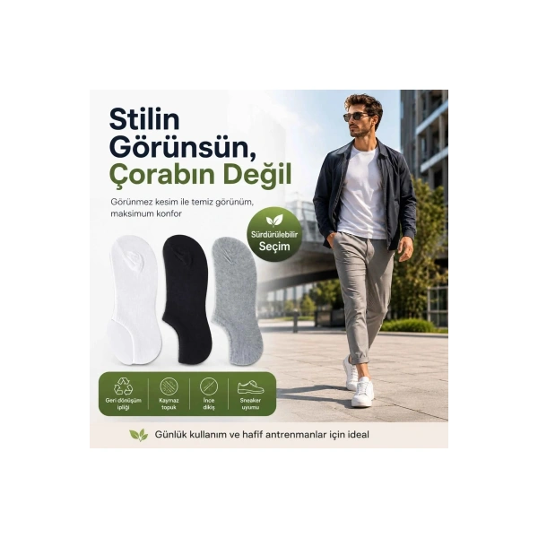 Erkek Geri Dönüşüm İplikli 12’li Görünmez Sneaker Çorap, İnce Dikişli, Nefes Alan Yazlık Babet Çorab