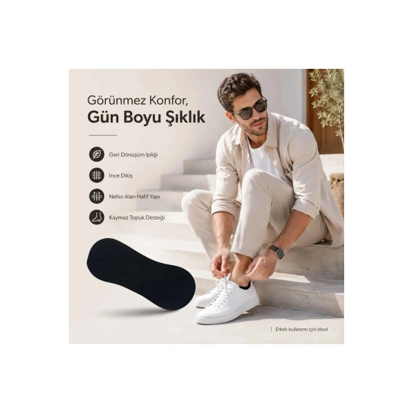 Erkek Geri Dönüşüm İplikli 12’li Görünmez Sneaker Çorap, İnce Dikişli, Nefes Alan Yazlık Babet Çorab