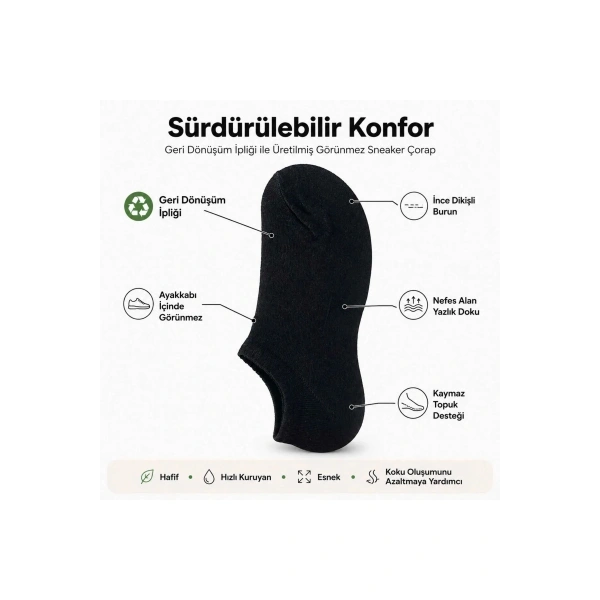 Erkek Geri Dönüşüm İplikli 12’li Görünmez Sneaker Çorap, İnce Dikişli, Nefes Alan Yazlık Babet Çorab