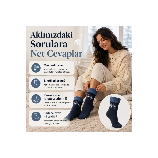 3’lü Kadın Kışlık Havlu Çorap Sıcak Tutan Yumuşak Karışık Desenli Günlük Çorap Seti