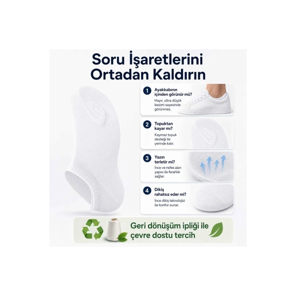 Erkek Görünmez Sneaker Babet Çorap 6lı | Geri Dönüşüm İplikli, Kaymaz Topuk, Siyah Gri Beyaz