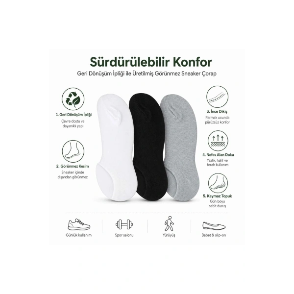 Erkek Görünmez Sneaker Babet Çorap 6lı | Geri Dönüşüm İplikli, Kaymaz Topuk, Siyah Gri Beyaz