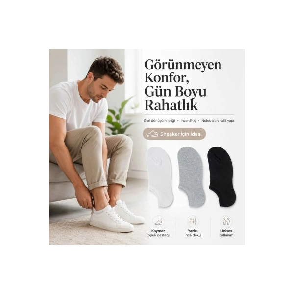 Erkek Görünmez Sneaker Babet Çorap 6lı | Geri Dönüşüm İplikli, Kaymaz Topuk, Siyah Gri Beyaz