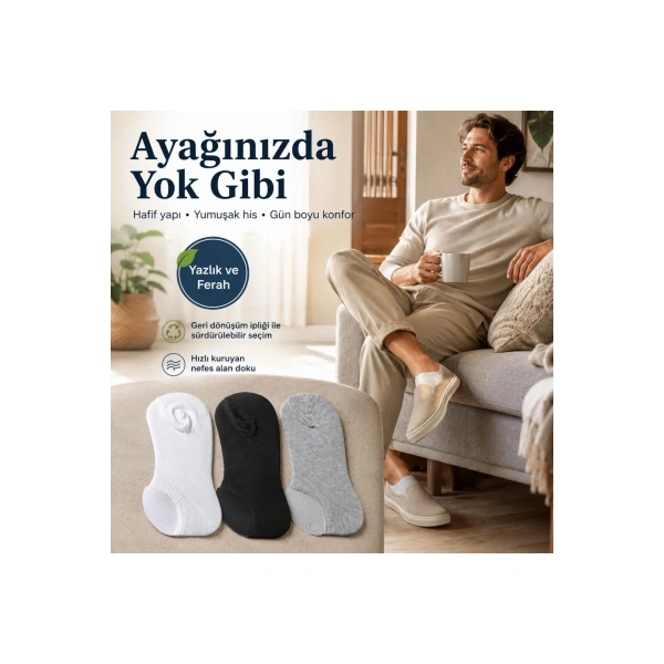 Erkek Görünmez Sneaker Babet Çorap 6lı | Geri Dönüşüm İplikli, Kaymaz Topuk, Siyah Gri Beyaz