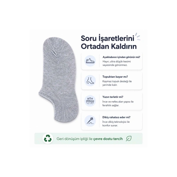 Erkek Görünmez Sneaker Babet Çorap 6lı | Geri Dönüşüm İplikli, Kaymaz Topuk, Siyah Gri Beyaz