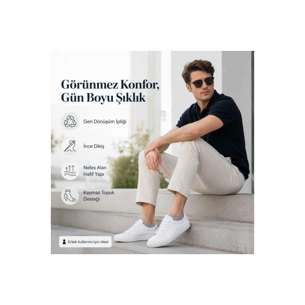 Erkek Görünmez Sneaker Babet Çorap 6lı | Geri Dönüşüm İplikli, Kaymaz Topuk, Siyah Gri Beyaz