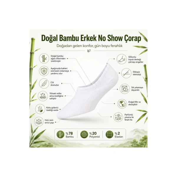 Erkek Bambu 12’li Babet Çorap Görünmez No Show Dikişsiz Silikon Topuklu