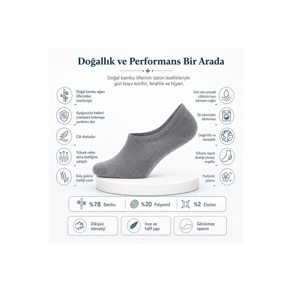 Erkek Bambu 12’li Babet Çorap Görünmez No Show Dikişsiz Silikon Topuklu