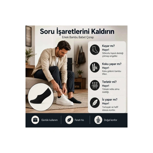 Erkek Bambu 12’li Babet Çorap Görünmez No Show Dikişsiz Silikon Topuklu