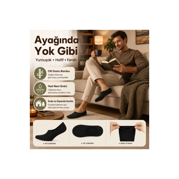 Erkek Bambu 12’li Babet Çorap Görünmez No Show Dikişsiz Silikon Topuklu