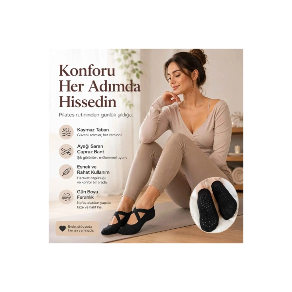 Kadın Balerin Yoga Pilates Çorabı 3lü | Kaymaz Taban, Çapraz Bantlı, Spor Hac Umre