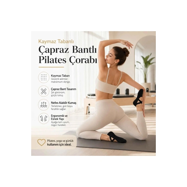 Kadın Balerin Yoga Pilates Çorabı 3lü | Kaymaz Taban, Çapraz Bantlı, Spor Hac Umre
