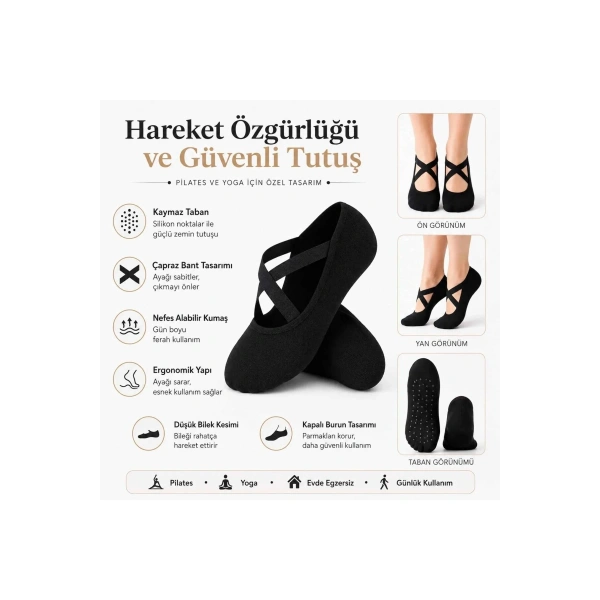 Kadın Balerin Yoga Pilates Çorabı 3lü | Kaymaz Taban, Çapraz Bantlı, Spor Hac Umre