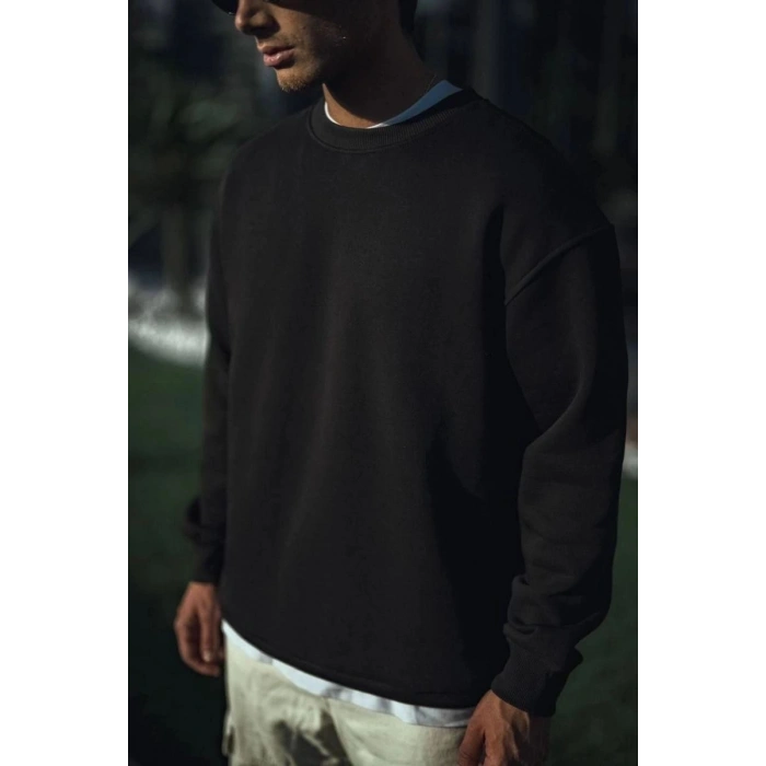 Marchè Bien Erkek pamuklu Bisiklet Yaka 3 İplik Basic SweatShirt - Siyah