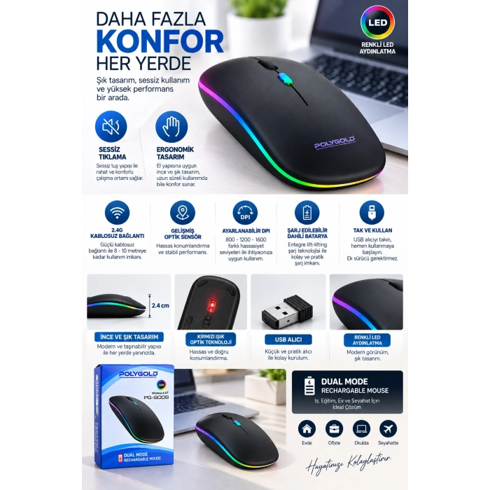 Marchè Bien Kablosuz Şarjlı Sessiz Tıklamalı Ergonomik Mouse - Lisinya