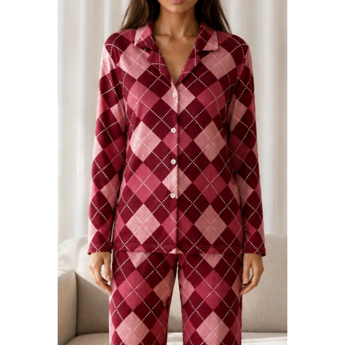Marchè Bien Kadın Desenli Basic Kış Çağla Yeşili Pijama Takımı