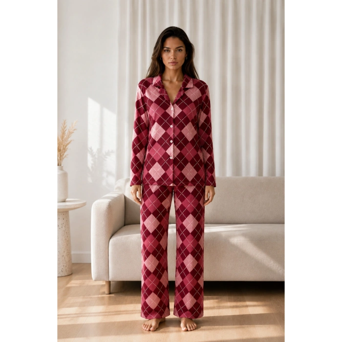 Marchè Bien Kadın Desenli Basic Kış Çağla Yeşili Pijama Takımı