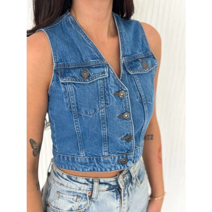 Marchè Bien Kot Jeans Kadın Yelek - Mavi