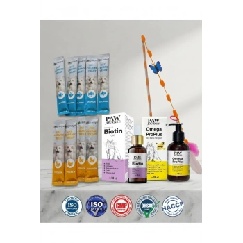 Kedi başlangıç seti (Pawjourney Biotin 50 ml , Omega Plus 100 ml,5 ad .Mofelya Krem Kedi Ödül maması 15 ml Tavuklu 5 ad. Somonlu, El yapımı Kedi Oltası)