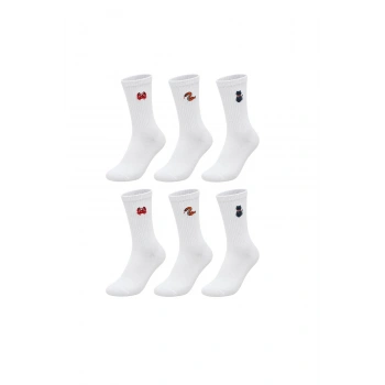 UNİSEX Çorap Beyaz Hayvan Nakışlı 6lı Set Yengeç Yılan Kedi Desenli Uzun Soket Günlük Spor Çorabı