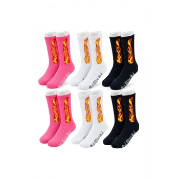 Unisex Alev Desenli Çorap 6lı Set Pamuklu Uzun Soket Dikişsiz Nefes Alan Günlük Spor Çorabı Yumuşak