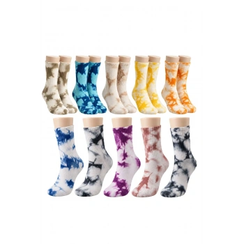 Unisex Batik Spor Çorap 10lu Set Tie Dye Tenis Çorabı Koyu Retro Renkler Günlük Rahat Konforlu Stil