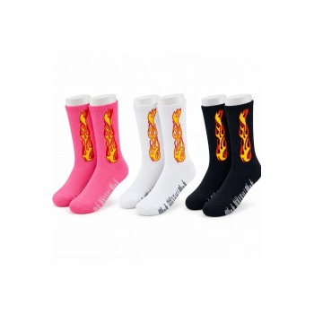 Unisex Alev Desenli Çorap 3lü Set Pamuklu Uzun Soket Dikişsiz Nefes Alan Günlük Spor Çorabı Yumuşak