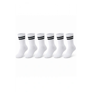 Unisex Beyaz Çorap Siyah Çizgili 6lı Set Uzun Soket Günlük Spor Kolej Stil Rahat Kadın Erkek Çorabı