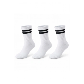 Unisex Beyaz Çorap Siyah Çizgili 3lü Set Uzun Soket Günlük Spor Kolej Stil Rahat Kadın Erkek Çorabı