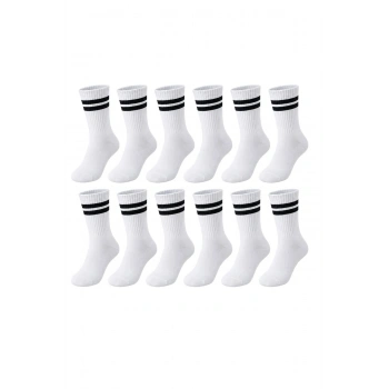 Unisex Beyaz Çorap Siyah Çizgili 12li Set Uzun Soket Günlük Spor Kolej Stil Kadın Erkek Çorabı