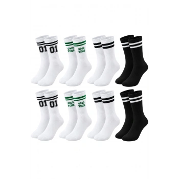Unisex Çorap Çizgili 8li Set 07 Good Vibes Baskılı Siyah Beyaz Uzun Soket Spor Kolej Stil Çorap